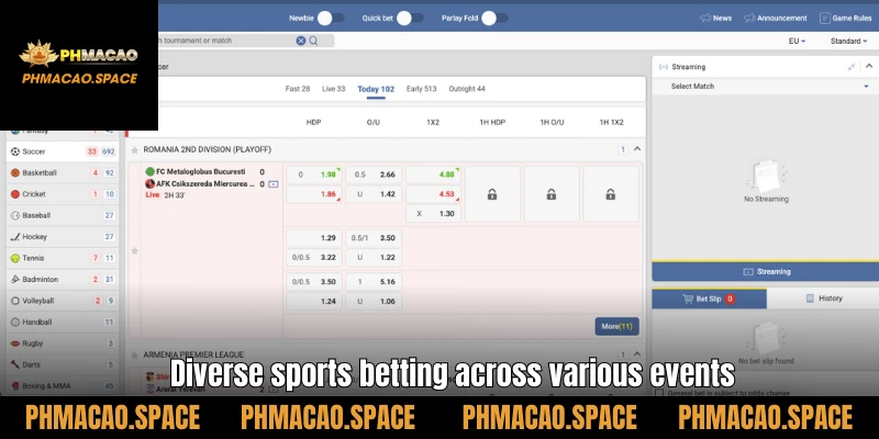 Diverse sports betting across various events