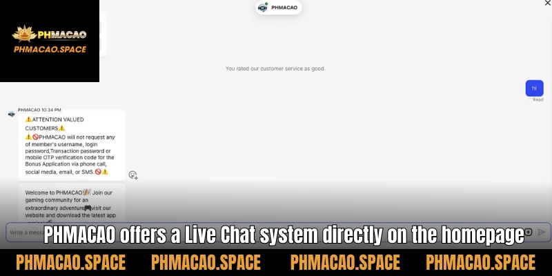 PHMACAO offers a Live Chat system directly on the homepage
