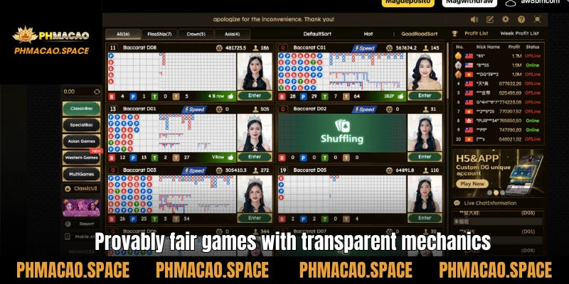 Provably fair games with transparent mechanics.